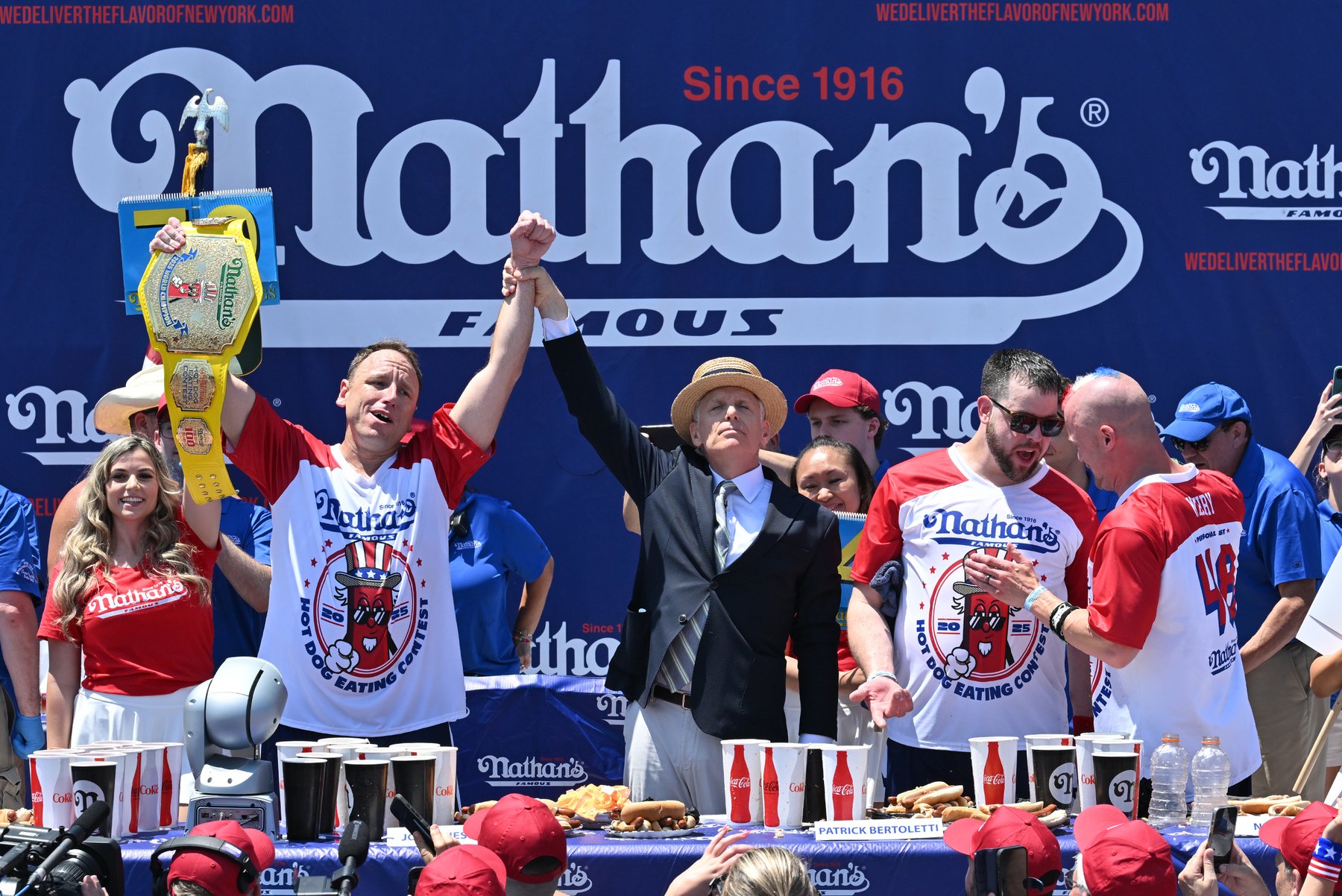 Joey Chestnut at the Nathan's Famous Fourth of July International Hot Dog-Eating Contest