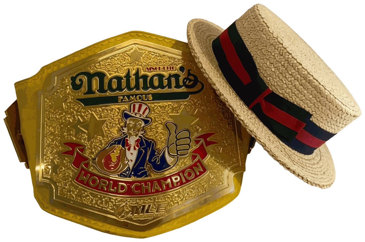 Nathan's Famous World Champion belt and Major League Eating boater hat